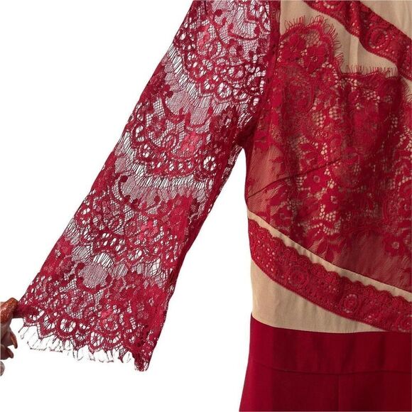 Red Lace Illusion Dress Womens Size Large 3/4 Sleeve Shift Holiday Cocktail Wear - Picture 4 of 7